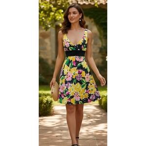 Y2K B.Smart Dress Bright Floral Empire‎ Waist Tie Sleeveless Fit & Flare Size 10